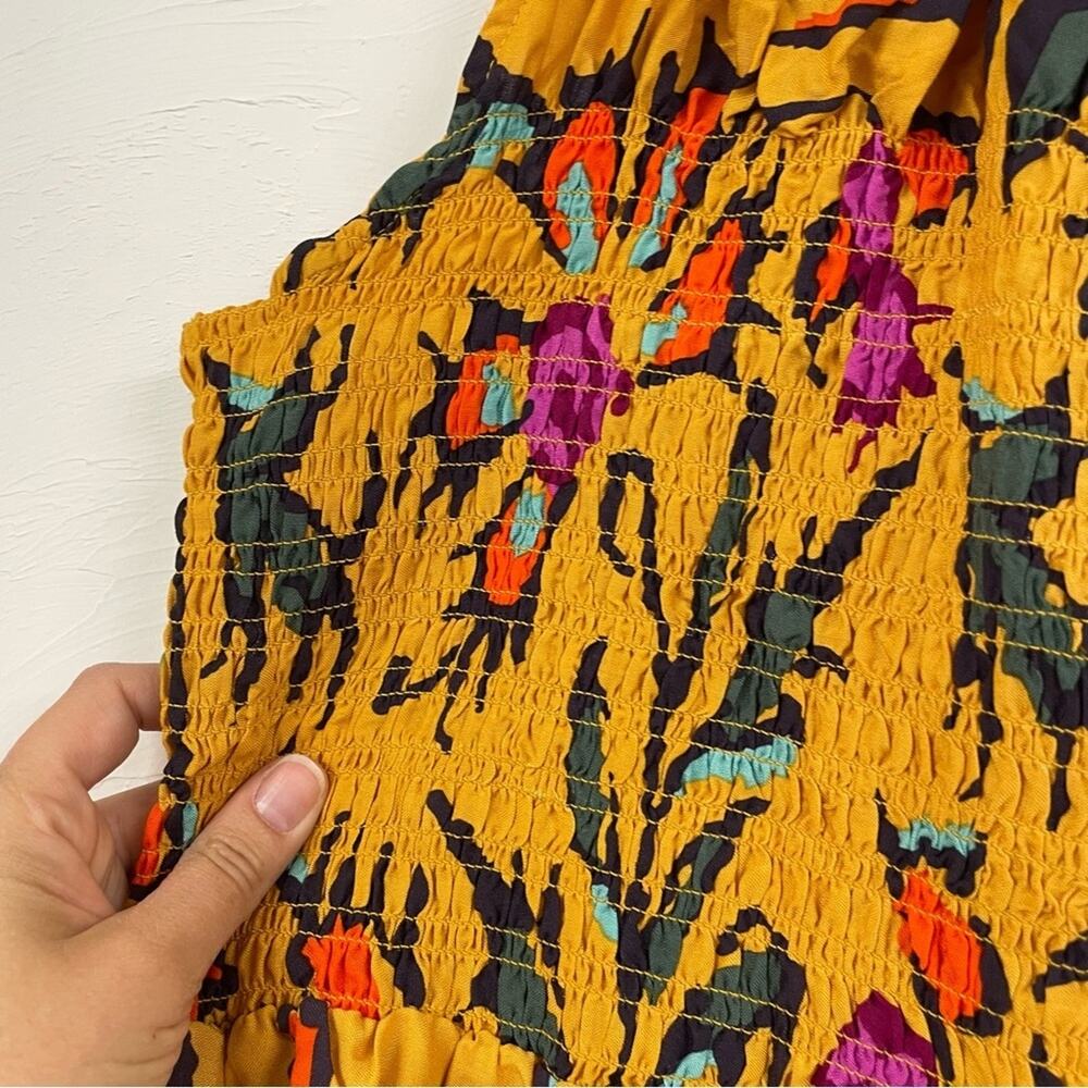 Haute Hippie Mustard Yellow Floral Print Halter Smocked Boho Blouse L Sleeveless - Picture 13 of 13